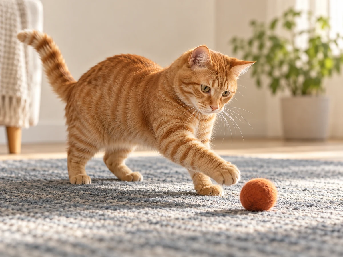 A ginger cat reaching towards a felt ball on a rug