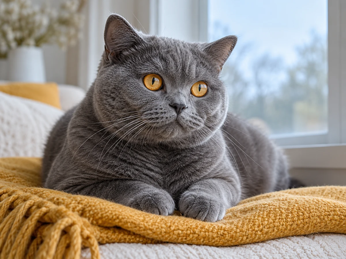 A grey cat resting on an ochre blanket by a window