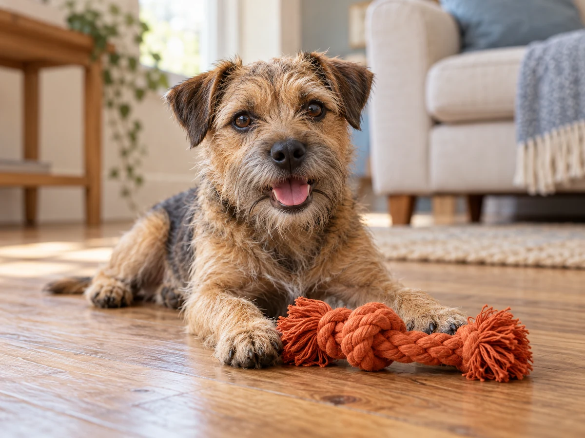A terrier with a rope toy on a timber floor