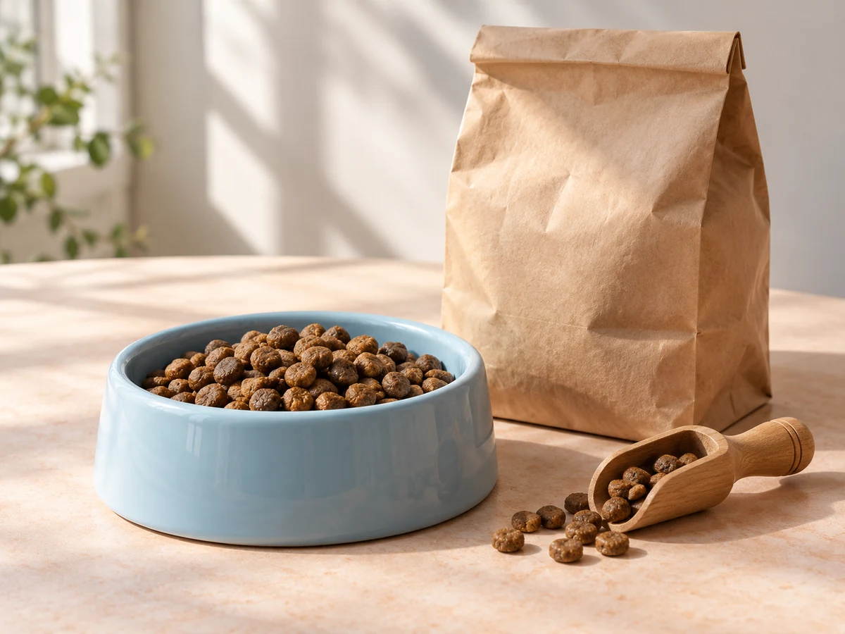 An illustrative food bowl, plain bag and scoop