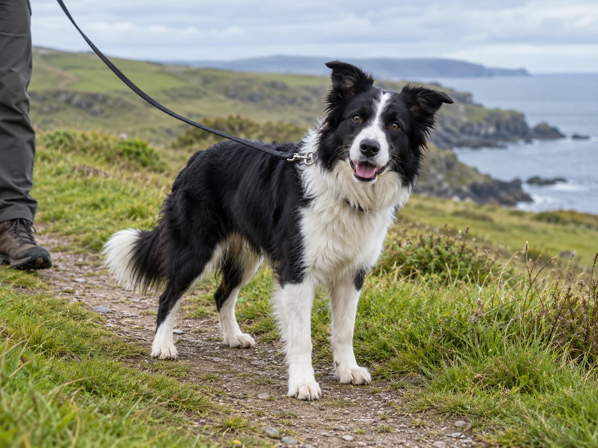 A border collie on a lead on a coastal footpath