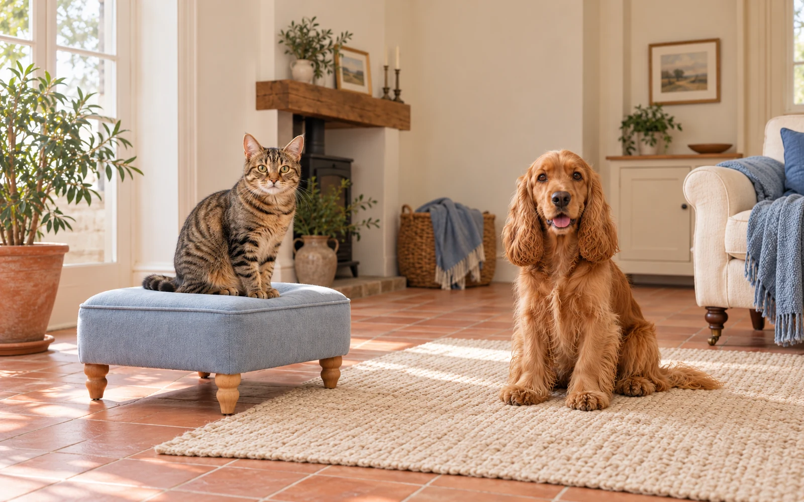 A spaniel and a tabby cat in an illustrative home setting