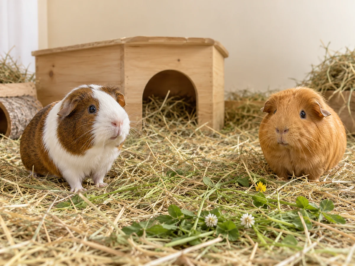 Two guinea pigs beside hay and a wooden hide
