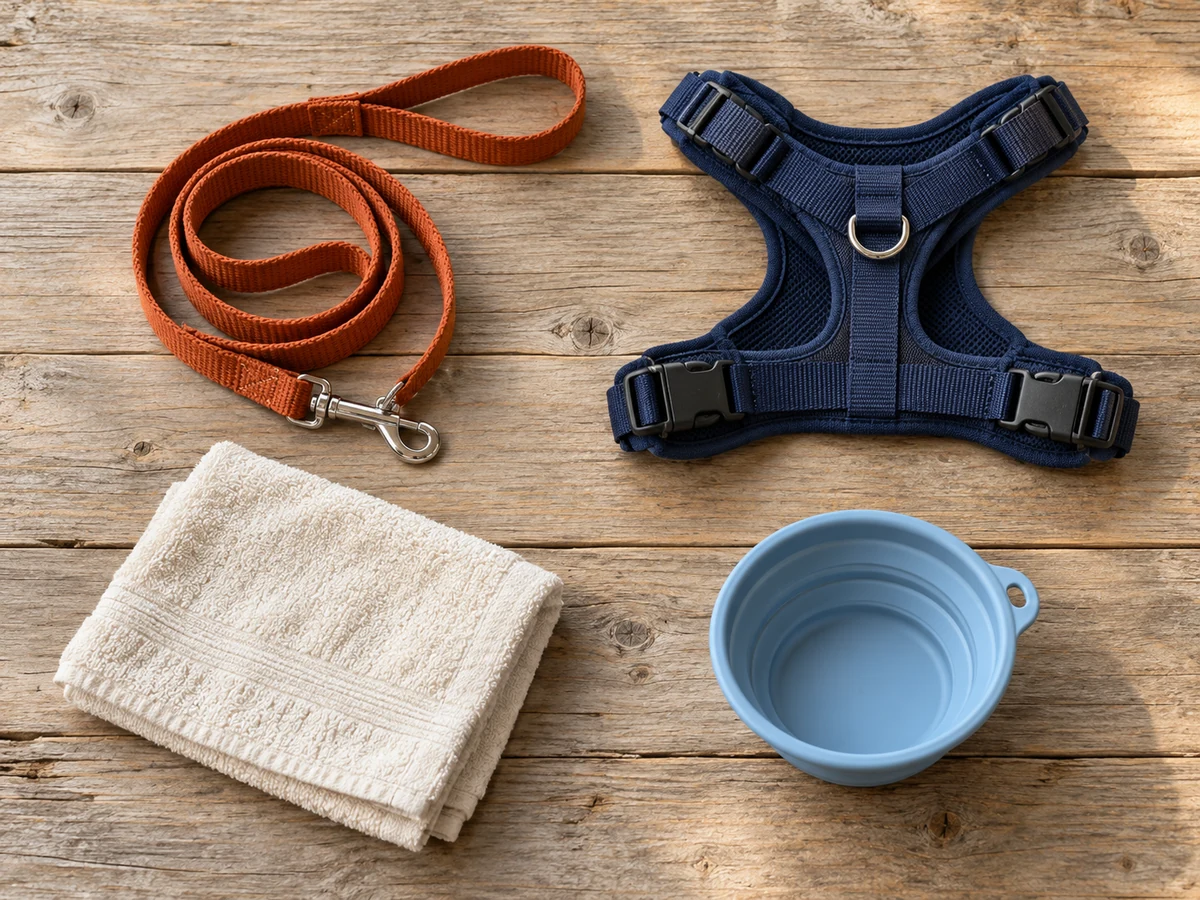 An illustrative lead, harness, towel and water bowl